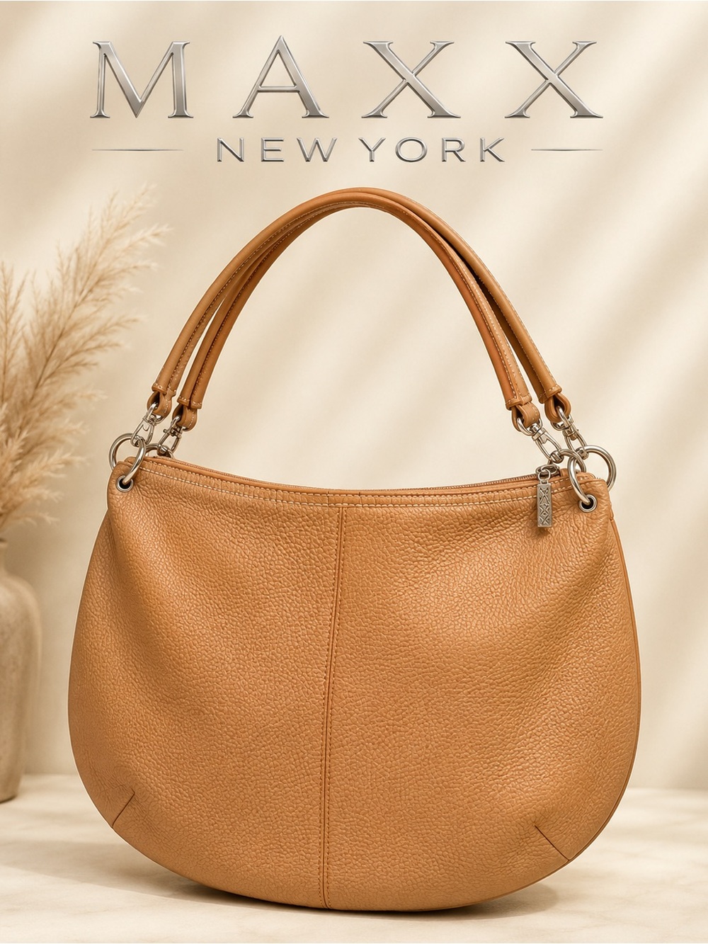 MAXX New York Tan Leather Shoulder Hobo Bag with Double Handles